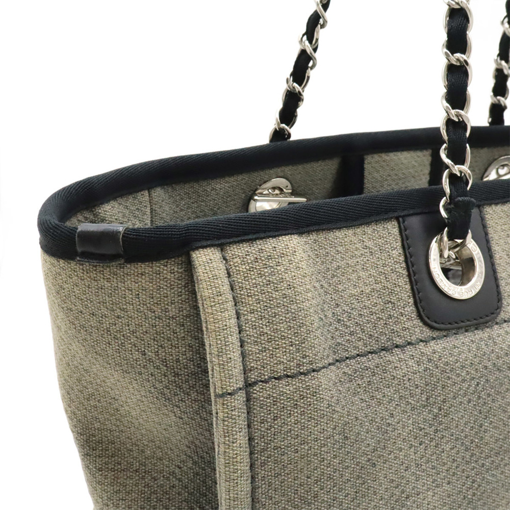 CHANEL Deauville Line Tote MM Bag Shoulder Chain Canvas Leather Gray Black A6... - Picture 8 of 9